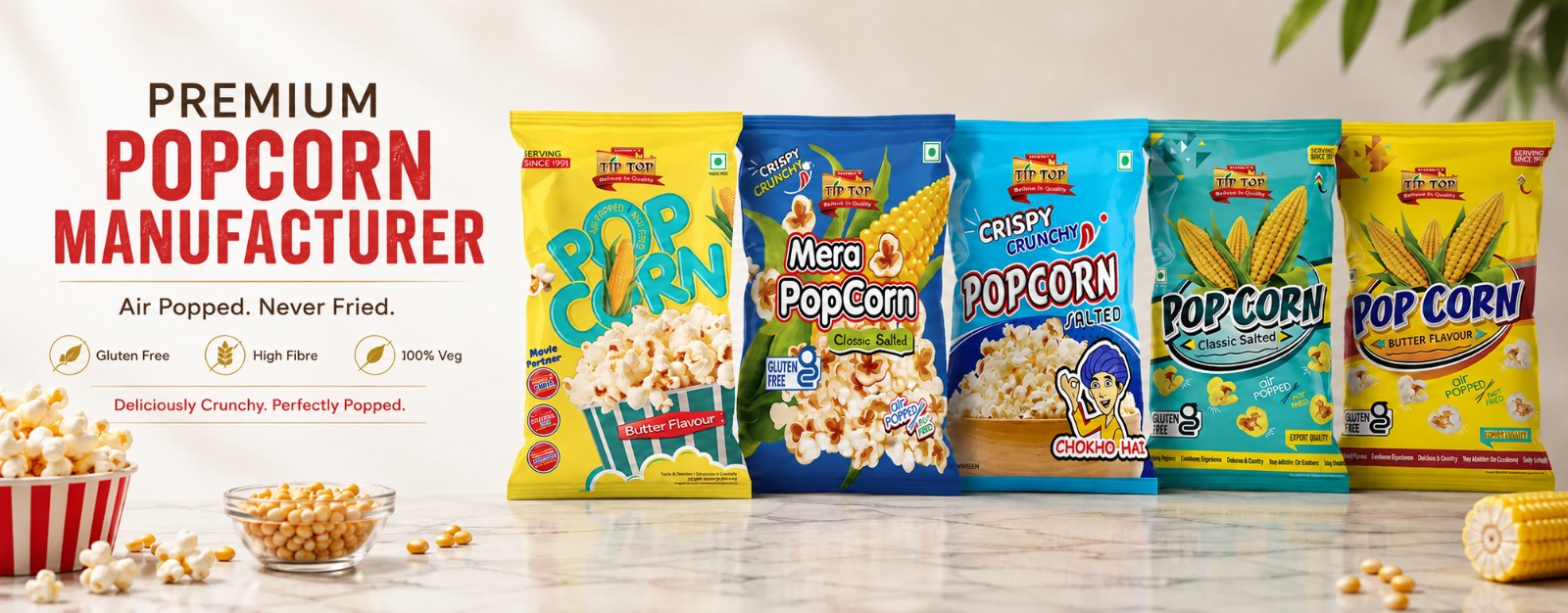 Freshly popped TipTop Kernels popcorn on the production line