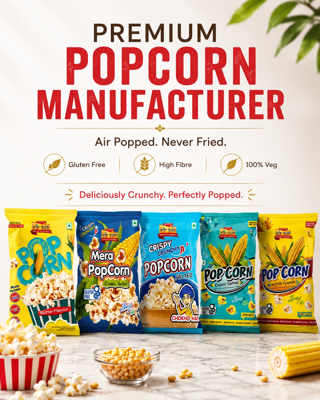 Freshly popped TipTop Kernels popcorn on the production line